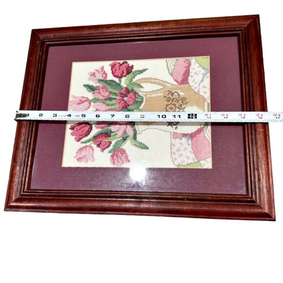 Framed Finished Pink Tulips Floral Cross Stitch Picture w Glass 13.5" x 16.5" - Picture 6 of 12